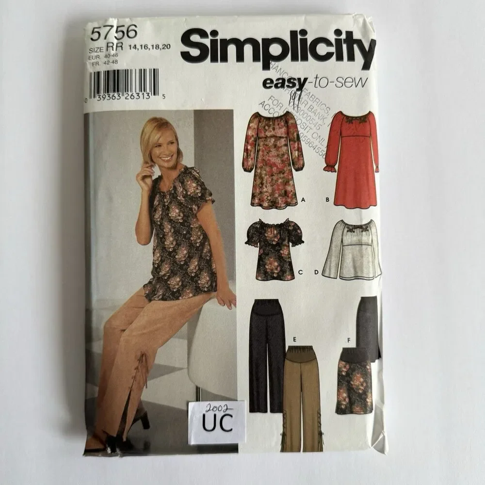 Simplicity 5756 EASY Sewing Pattern Maternity Peasant Top Dress Pants Skirt PLUS
